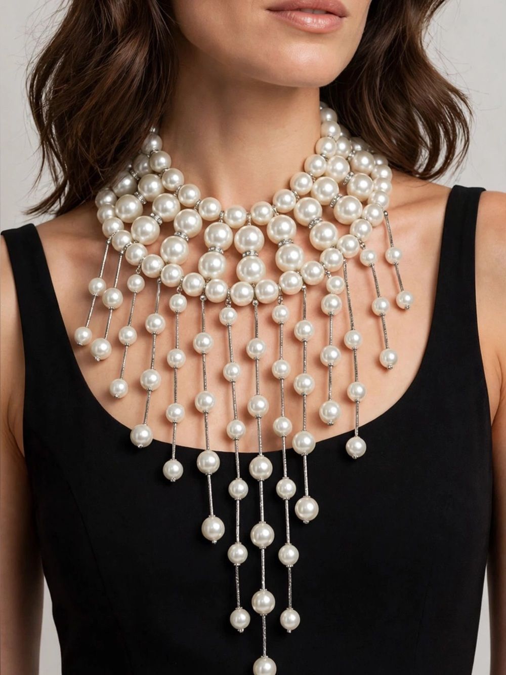 Elegant PearlāFringe Statement Necklace - White Pearls
